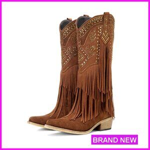 Knee High Cowgirl Western Boots Rhinestone Fringe Chunky Heel Pointed Toe